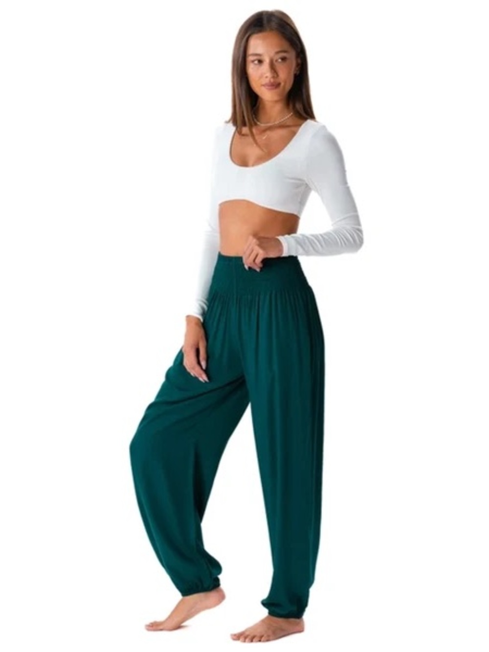 Lotus and Luna NWT High-Rise Smocked Wide-Leg Pants in Teal Green